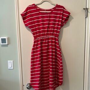 Red and white striped dress.